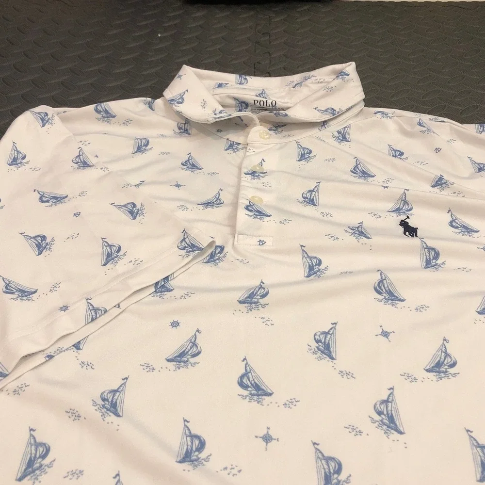 Polo Ralph Lauren Polo Shirt Mens XXL White Blue Sailboat Performance Stretch